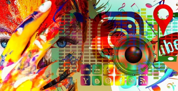 Bunte Collage mit Social-Media-Logos und Gesicht