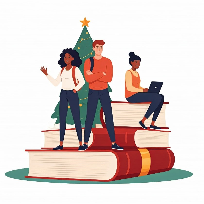 Weihnachtliche Grafik mit Menschen auf Büchern